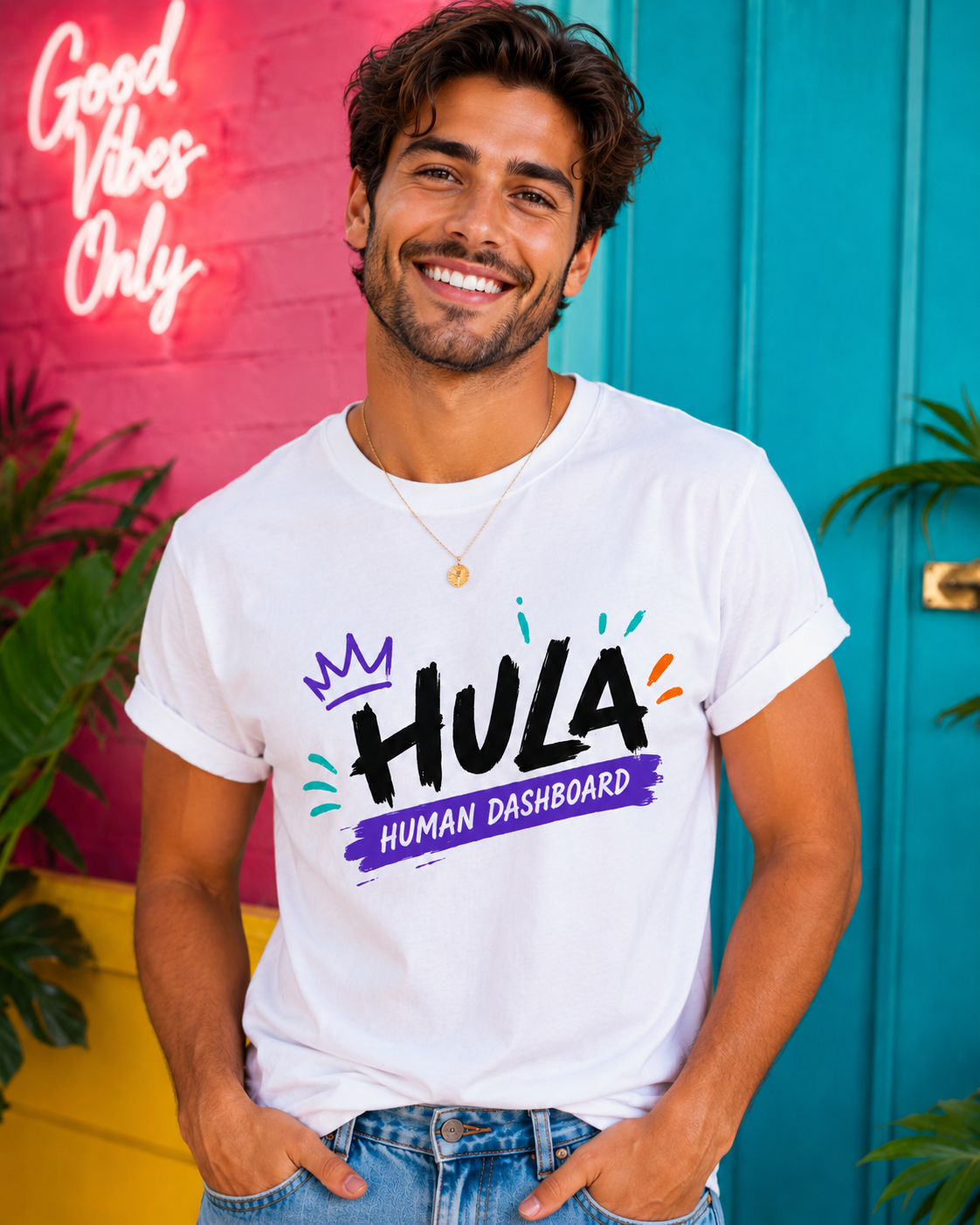 Model wearing the HULA Human Dashboard tee