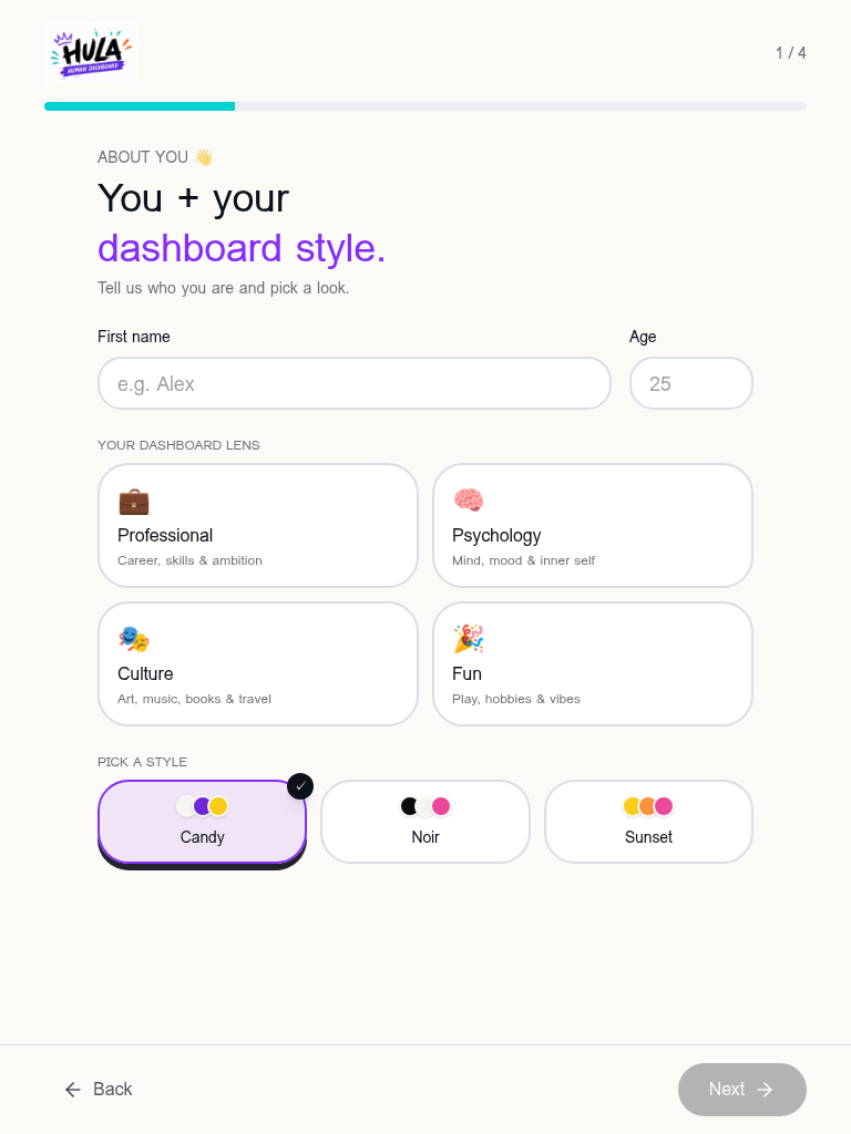 HULA onboarding flow — fun questions that build your vibe